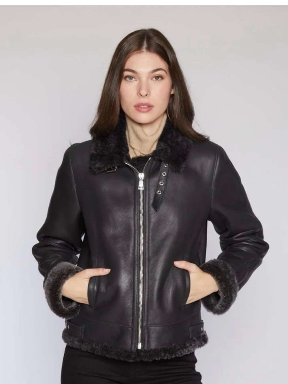 Women's Black genuine Shearling Trim Leather Jacket